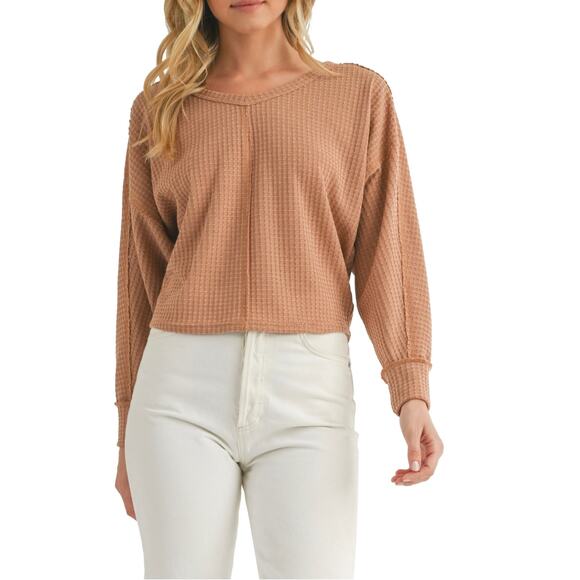 Lush Favorite Long Sleeve Waffle Knit Crop Sweater Camel Size Medium NWT - Picture 1 of 5
